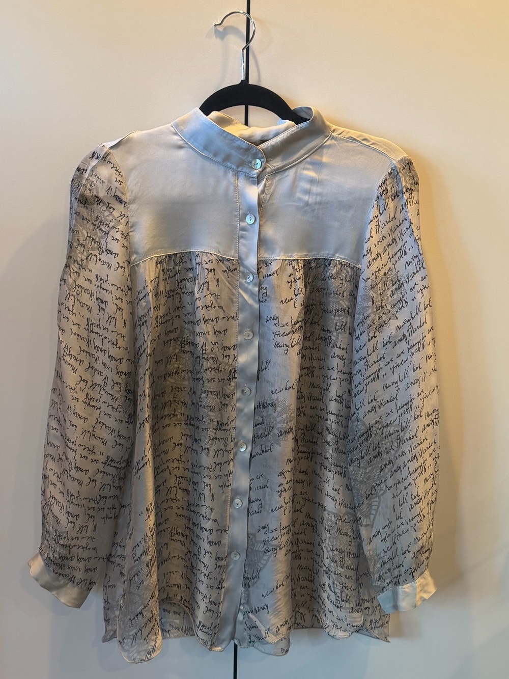 Silk Script-Print Blouse - Gray Made in Italy Sz S